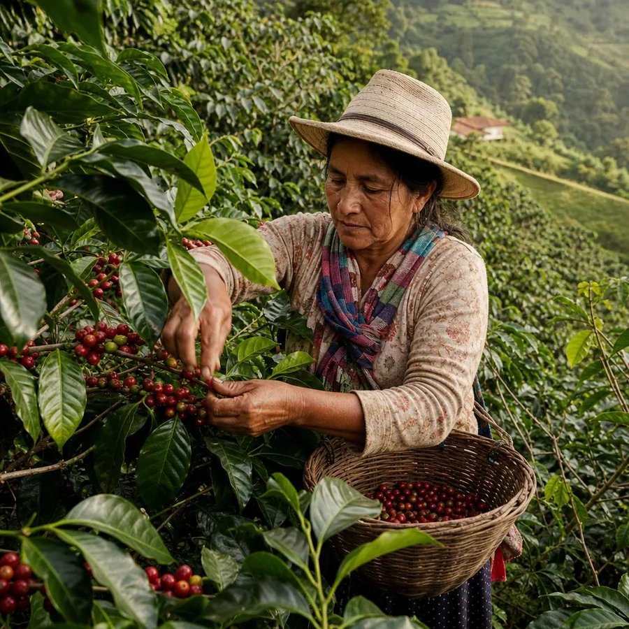 Mujer cosechando cerezas de café a mano en Antioquia